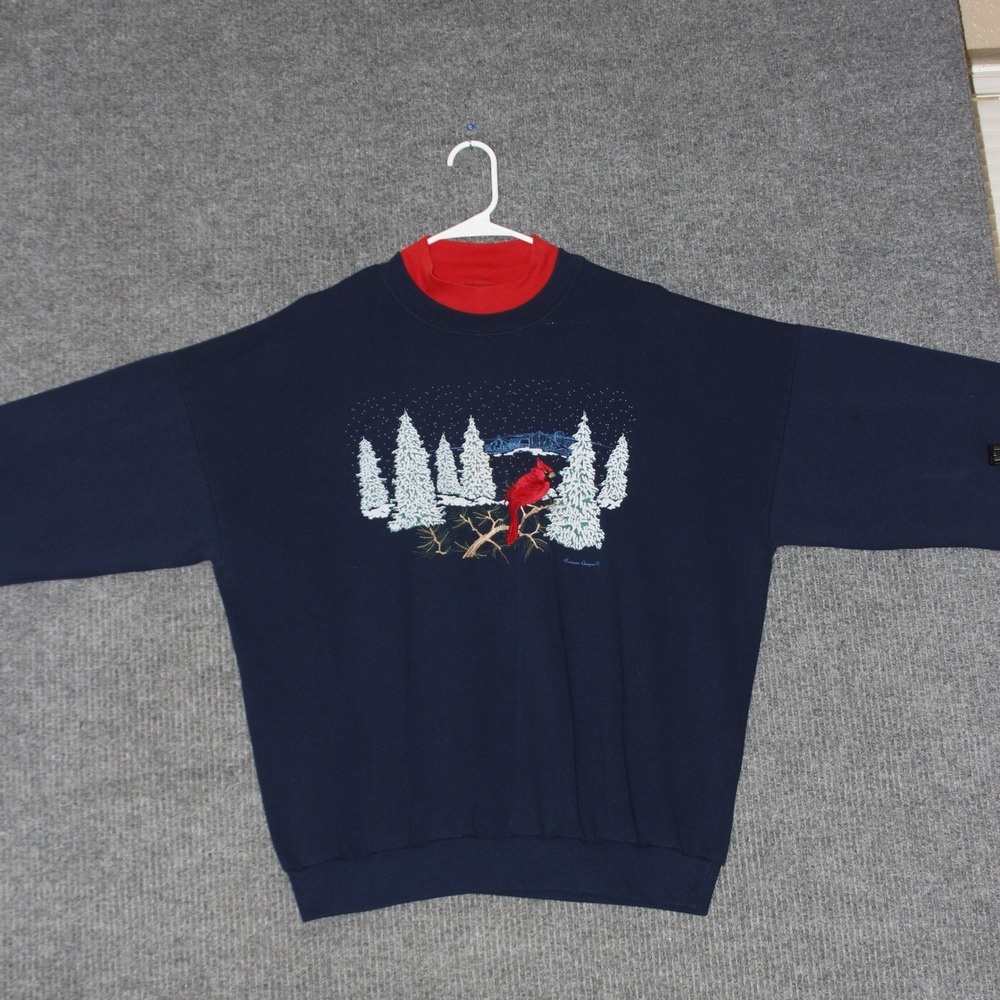 Pleasant Shade Sweatshirt‎ Mens XL Navy Red Cardinal Bird Winter Scene Christmas